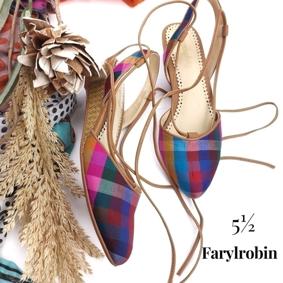 Farylrobin Pink Blue Plaid Strappy Sandals Size 5.5 - Picture 1 of 12